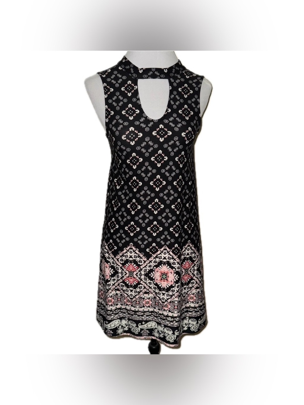 Black Floral Border Print Sleeveless Tie-Back Halter Dress, Jr Sm (3-5)
